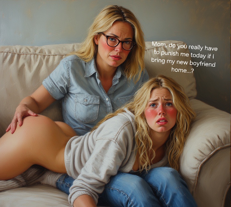 ai generated, ass, ass grab, blonde hair, embarrassed, embarrassed female, english text, lying on person, lying on stomach, milf, mother and daughter, original, original character, punishment, teenager, text