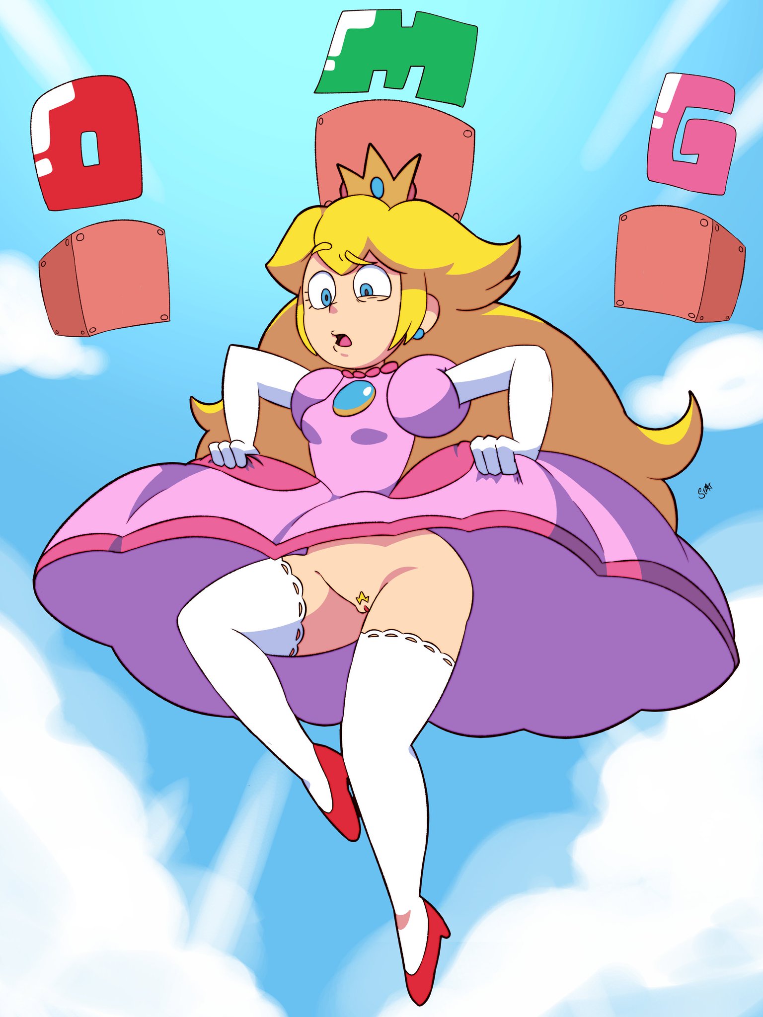 1girls, armwear, blonde hair, blue eyes, clothing, confused, crown, dress, ear piercing, female, female only, full body, high heels, human, human only, legwear, lifting dress, light skin, light-skinned female, long hair, mammal, mario (series), mature, mature female, nintendo, no panties, open mouth, pink dress, princess, princess peach, princess peach (starbomb), pussy, red high heels, royalty, solo, solo female, solo focus, starbomb, stariolair, white armwear, white legwear