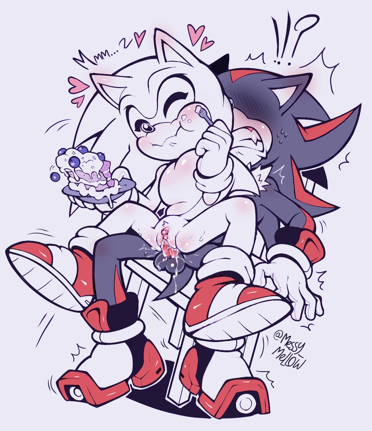 2boys, black fur, cake, cake slice, cum, cum in pussy, cuntboy, cuntboy penetrated, cuntboy/male, eating, eating food, exclamation point, gay, gay sex, heart, legs apart, legs spread, messy mell0w, question mark, quills, shadow the hedgehog, sharp teeth, sitting, sitting on chair, sitting on lap, sonadow, sonic (series), sonic the hedgehog, sonic the hedgehog (series), striped, trans man, trans man penetrated, transmasc, twitching