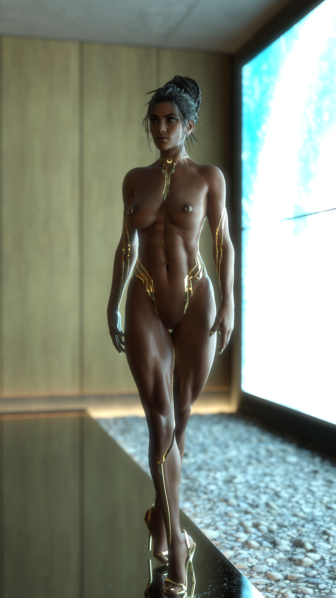 1girls, 3d, black hair, casual, completely nude, completely nude female, cyberpunk 2077, dark skin, dark-skinned female, female, female only, footwear, full body, human, naked footwear, nonsexual, nonsexual nudity, nude, nude female, nudist, o97t5s, panam palmer, solo