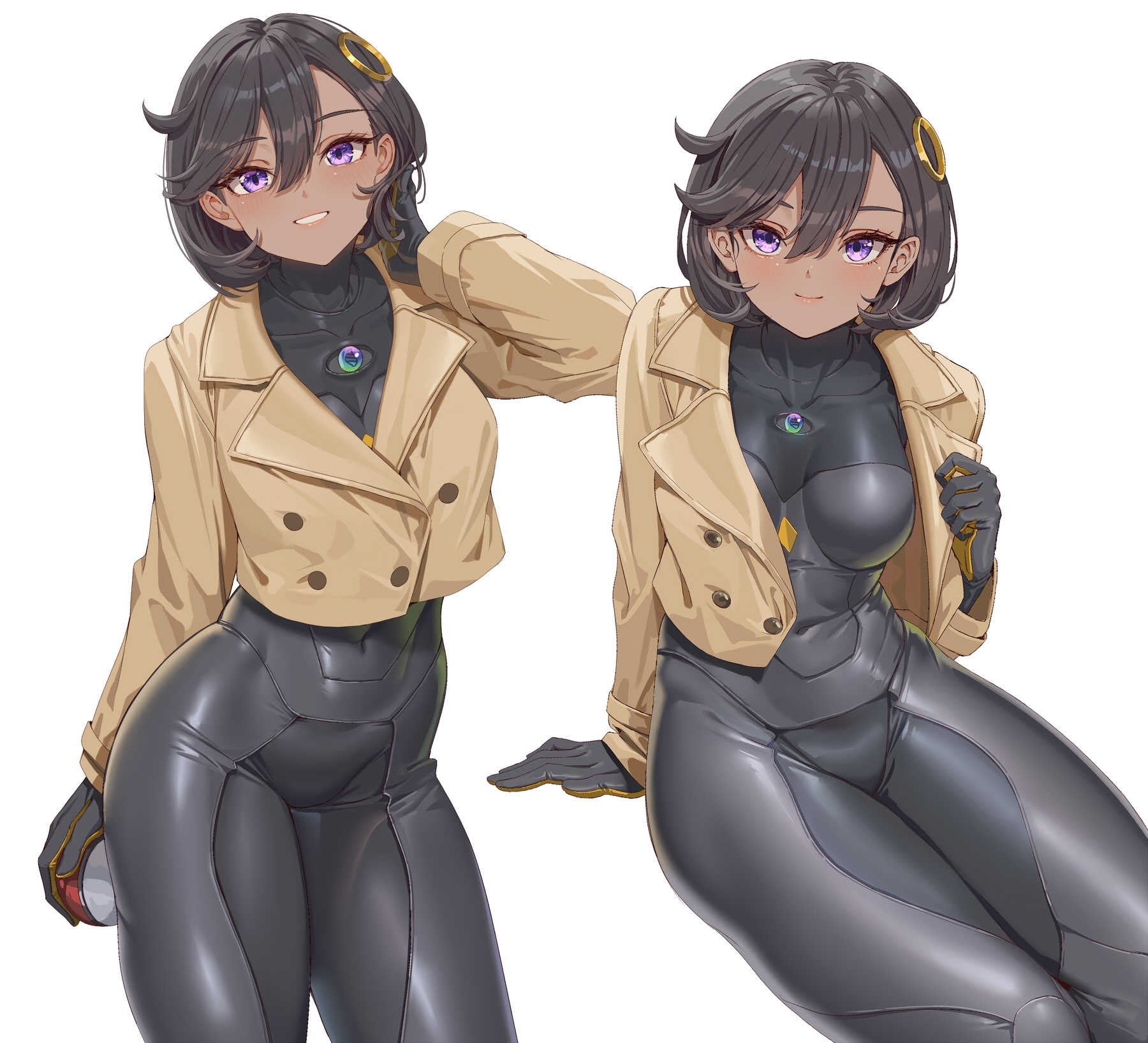 1girls, black bodysuit, black gloves, black hair, blush, bodysuit, breasts, brown jacket, closed mouth, dark skin, dark-skinned female, emma (pokemon), fangxiang cuoluan, female, female only, gloves, grey latex, grey rubber, hair ornament, highres, holding, human, human only, jacket, latex, latex bodysuit, latex clothing, latex suit, looking at viewer, matiere (pokemon legends: z-a), matiere (pokemon), medium breasts, mega stone, nintendo, open mouth, orange gloves, pokemon, pokemon legends: z-a, purple eyes, rubber, rubber clothing, shiny clothes, short hair, simple background, smile, two-tone gloves, white background, wrinkles in clothes