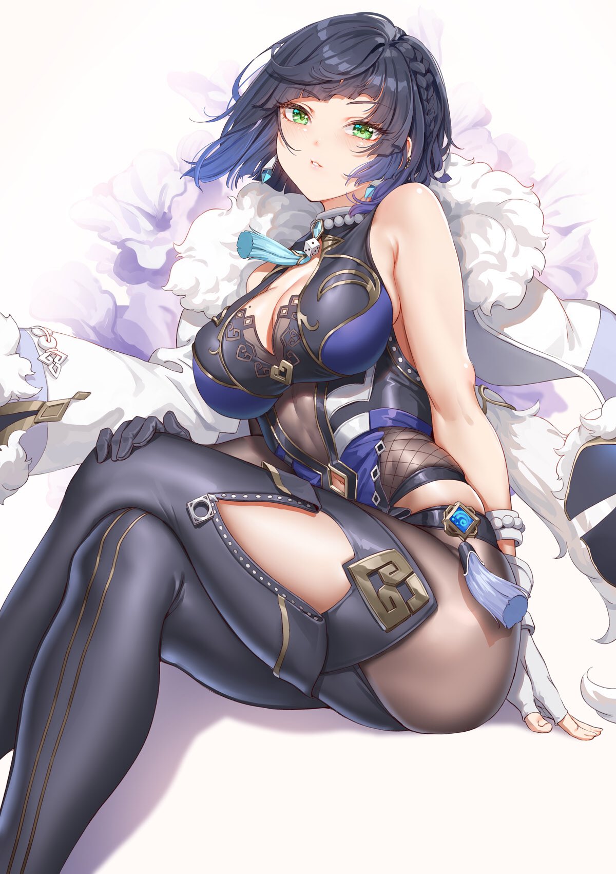 1girls, bare shoulders, blue hair, blush, breasts, cleavage, clothing cutout, coat, coat on shoulders, dice, earrings, fangxiang cuoluan, female, female only, fingerless gloves, fur trim, genshin impact, gloves, green eyes, highres, jewelry, lips, looking at viewer, medium breasts, mole, mole on breast, multicolored hair, parted lips, shadow, short hair, simple background, skin tight, sleeveless, two-tone hair, white background, white gloves, yelan (genshin impact)