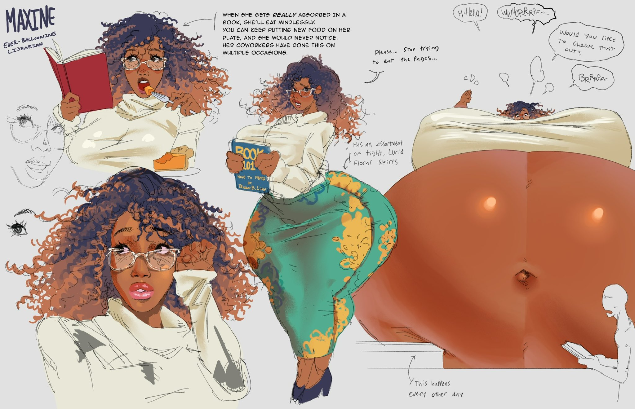 1female, belly expansion, belly inflation, big lips, black skin, blubberblimp, body inflation, dark-skinned female, female, footwear, glasses, high heels, hyper belly, inflation, nerd, nerdy female, original character, shy female, thick thighs