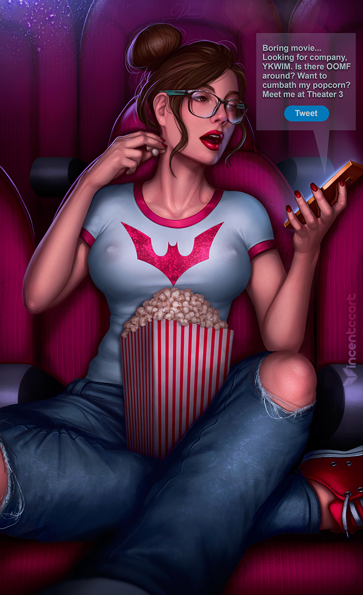 1girls big_breasts breasts brown_hair cleavage clothed erect_nipples female female_focus female_only food glasses holding_object holding_phone jeans large_breasts movie_theater nipples open_mouth popcorn solo solo_female vianca vincentcc