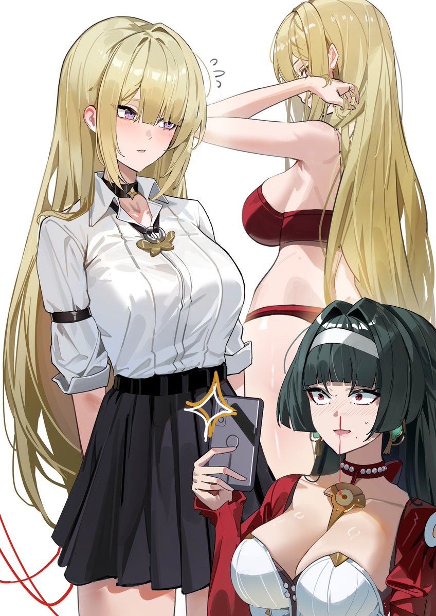 2girls, alternate costume, alternate hairstyle, aroused nosebleed, astra yao, black choker, black hair, black skirt, blonde hair, blood, bra, breasts, choker, cleavage, collared shirt, commentary, earrings, embarrassed, evelyn chevalier, female, female only, female pervert, flying sweatdrops, hair down, hairband, holding, holding phone, jacket, jewelry, large breasts, long hair, maanu, multiple girls, necklace, nosebleed, panties, pearl necklace, pervert, phone, pleated skirt, purple eyes, red bra, red eyes, red jacket, red panties, shirt, skirt, symbol-only commentary, taking picture, underwear, very long hair, white hairband, white shirt, yuri, zenless zone zero