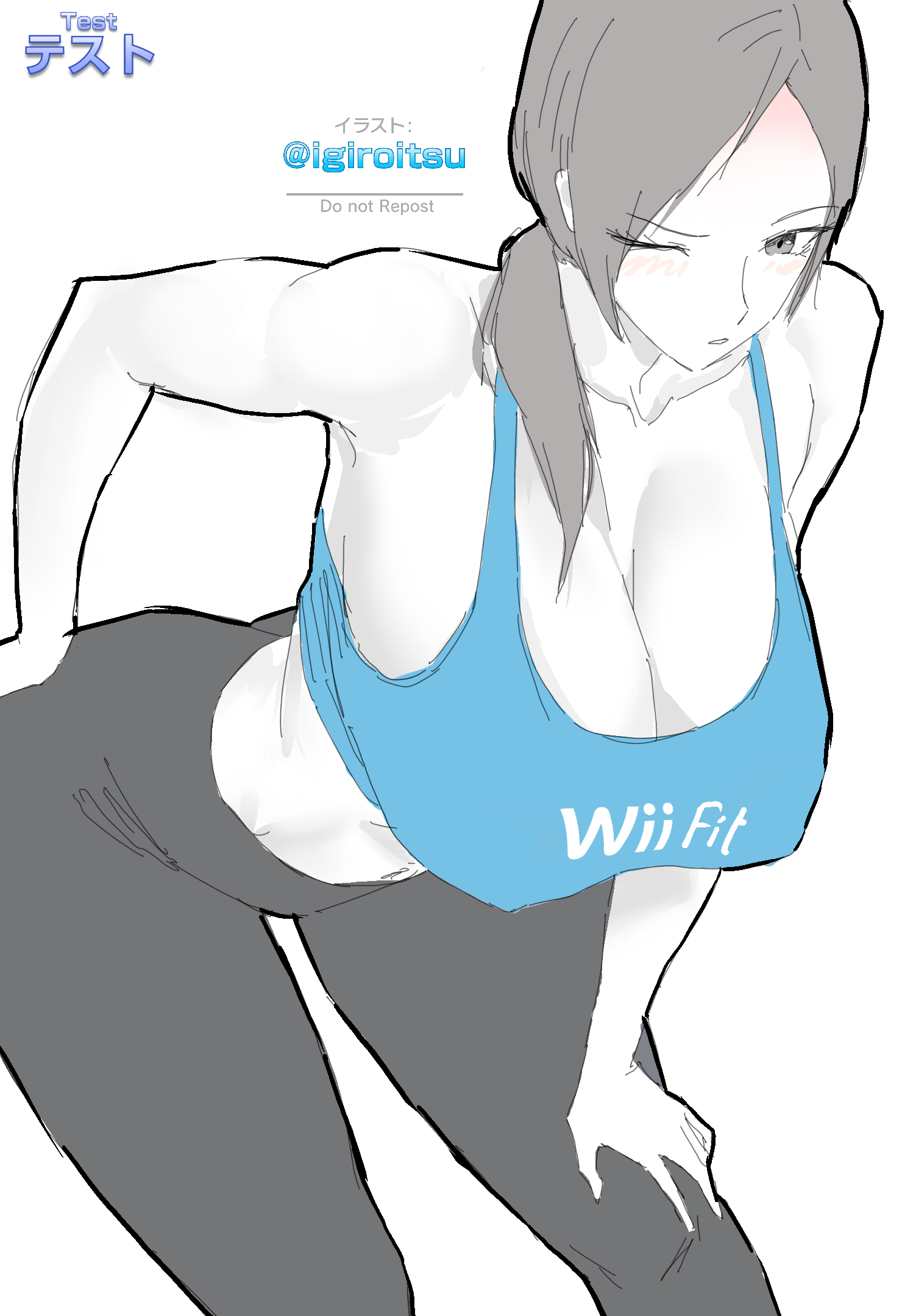 ;d, 1girls, 2d, 2d (artwork), abs, absurdres, alternate breast size, bare arms, bare calves, bare shoulders, bent over, biceps, big ass, big breasts, black eyes, black hair, black pants, blue sports bra, blue tank top, blush, bra, breasts, breasts bigger than head, busty, capri pants, casual, clavicle, cleavage, closed mouth, clothed, clothes writing, clothing, collarbone, colored skin, covered nipples, cowboy shot, crop top, curvy, female, female only, fit, fit female, gigantic breasts, grey eyes, grey hair, grey skin, gym clothes, gym uniform, hair over shoulder, hand on hip, hand on own hip, hand on own knee, hands on hips, hands on own hips, hanging breasts, highres, hourglass figure, huge breasts, human, igiroitsu, large breasts, leaning forward, leggings, long hair, looking at viewer, massive breasts, mature female, midriff, muscular, muscular female, narrow waist, navel, nintendo, one eye closed, open mouth, pale skin, pants, parted bangs, ponytail, shiny skin, shirt, simple background, smile, solo, solo female, spandex, sports bra, sportswear, standing, sweat, sweaty clothes, tank top, text, thick thighs, thighs, tied hair, tight, tight clothes, tight pants, toned, toned female, towel, trainer (wii fit), translated, twitter username, underboob, voluptuous, wet, wet clothes, white background, white body, white skin, wide hips, wii fit, wii fit trainer, wii fit trainer (female), wip, yoga pants