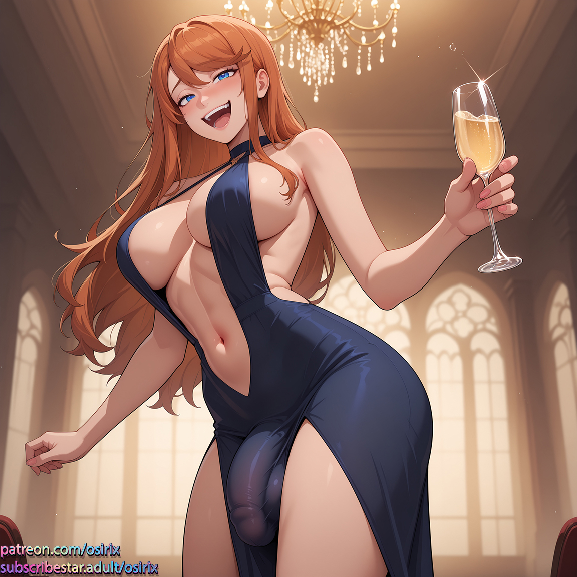 2025, ai, ai art, ai generated, barbara gordon, blue eyes, bulge, bulge through clothing, bulge under clothes, champagne, cleavage, cleavage cutout, cleavage window, color, colored, dc, dc comics, dress, futa focus, futa only, futanari, midriff, orange hair, osirix, self upload, stable diffusion