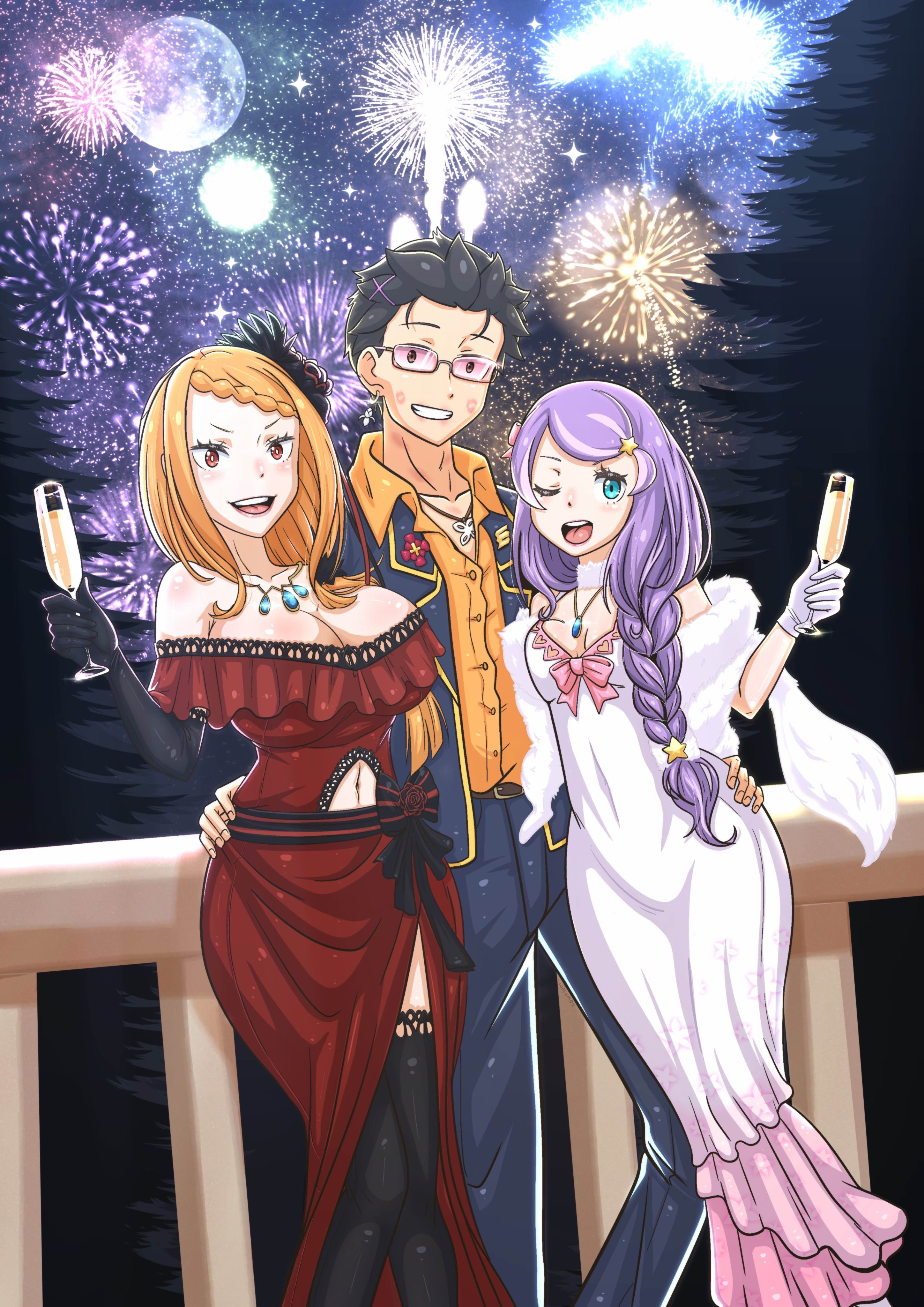 1boy, 2girls, amber eyes, anastasia hoshin, big breasts, black hair, blue eyes, champagne, cleavage, grabbing from behind, hips grab, natsuki subaru, orange hair, priscilla barielle, purple hair, re:zero kara hajimeru isekai seikatsu, red eyes, tagme, wacum