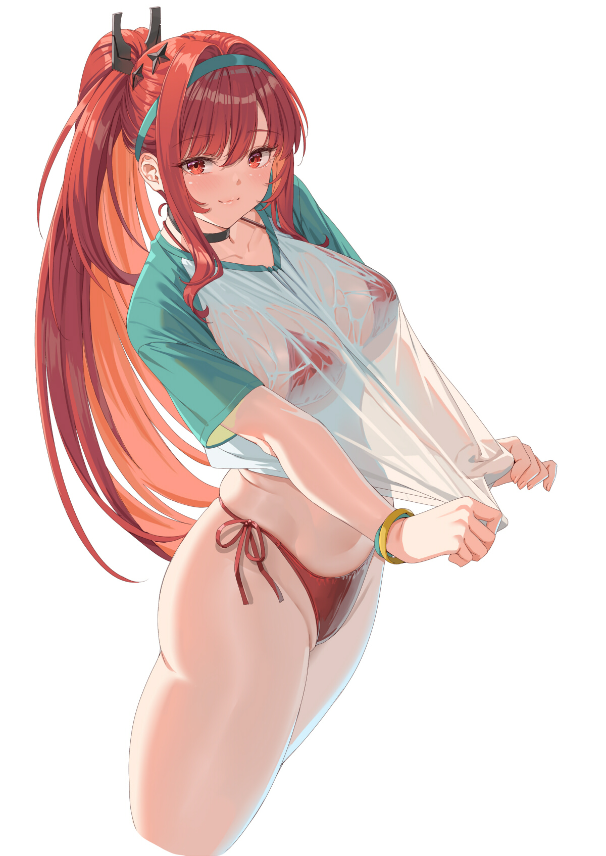 1girls, bikini, bikini under clothes, black choker, breasts, choker, closed mouth, curvy, fangxiang cuoluan, female, female only, goddess of victory: nikke, highres, large breasts, long hair, looking at viewer, official alternate costume, paid reward available, ponytail, rapi (nikke), rapi (red hood) (nikke), rapi (red hood) (red flavor) (nikke), red bikini, red eyes, red hair, see-through clothes, see-through shirt, shiny skin, shirt, short sleeves, side-tie bikini bottom, sidelocks, simple background, smile, solo, swimsuit, t-shirt, thighs, thong, thong bikini, white background, wide hips