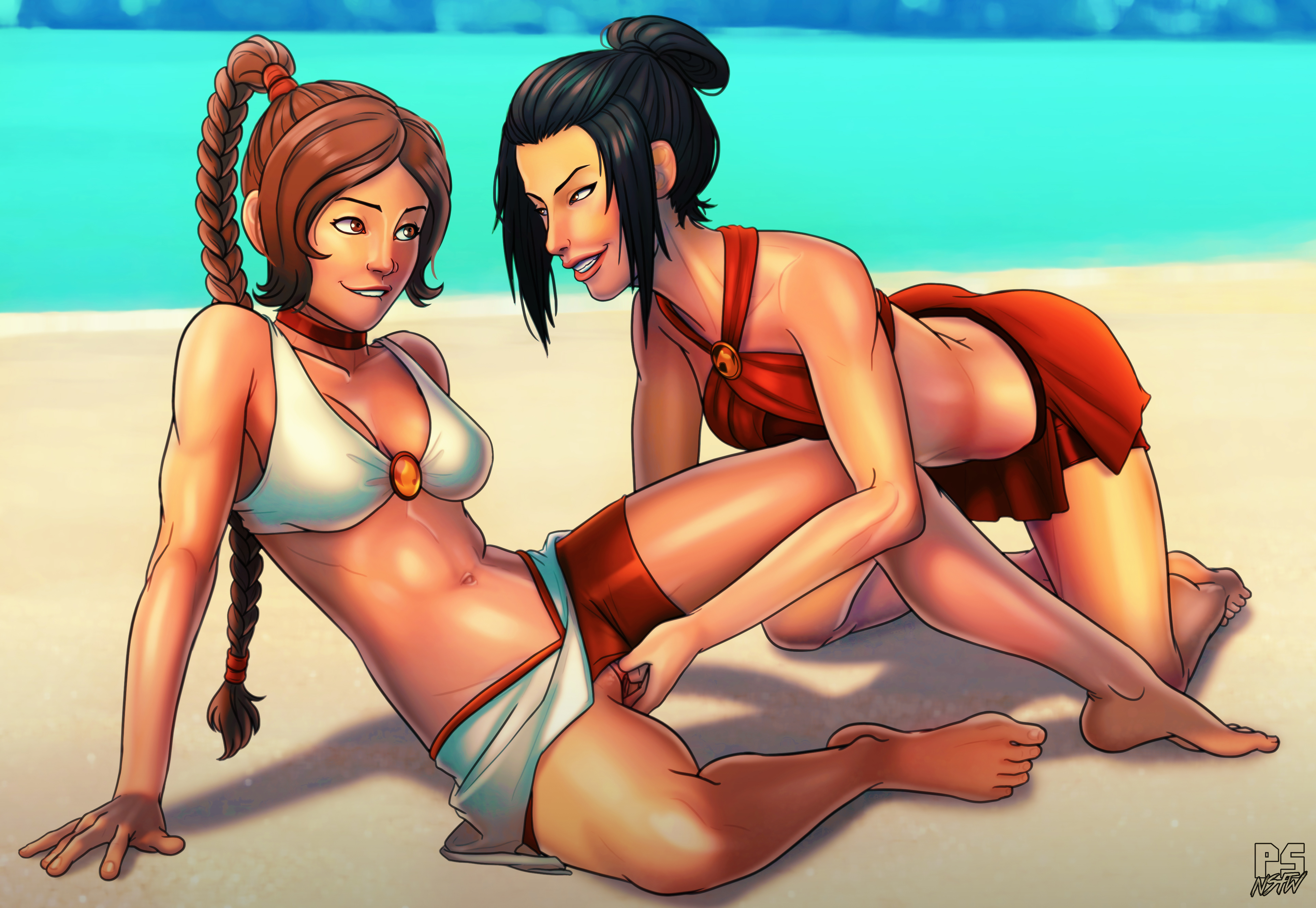 2girls, absurdres, avatar the last airbender, azula, beach, biting lip, breasts, cleavage, clothing, female, female only, fingering, highres, hourglass figure, lesbian, multiple females, multiple girls, pumpkinsinclair, pussy, skirt, small breasts, straight hair, swimsuit, ty lee, yuri