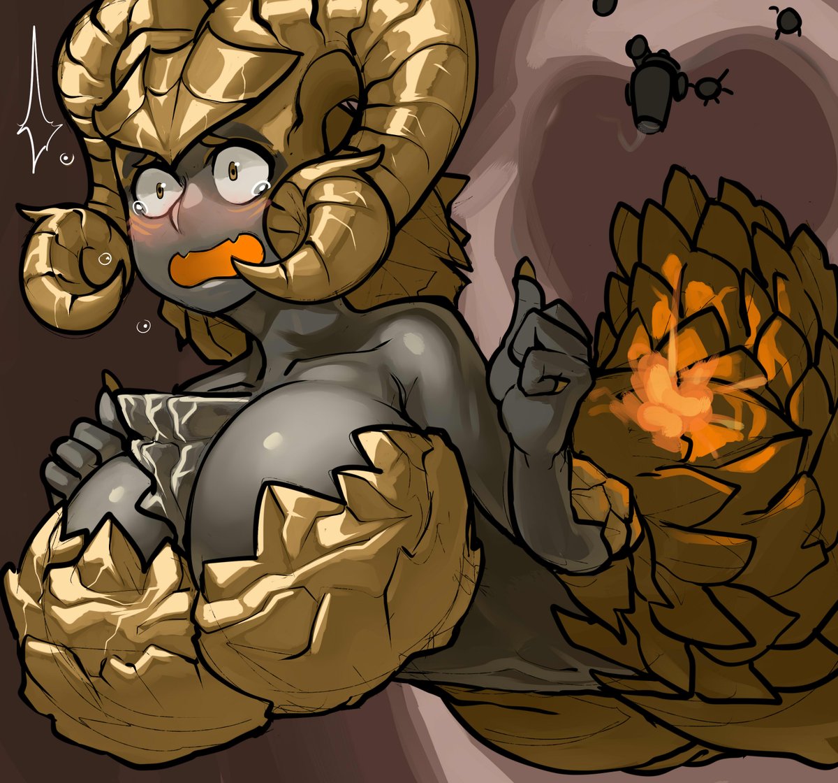 big breasts, breasts, cannon, explosion, female, gold, grey skin, horns, krekk0v, kulve taroth, monster hunter, monster hunter world, navel, size difference, suggestive, surprise, surprised, tears