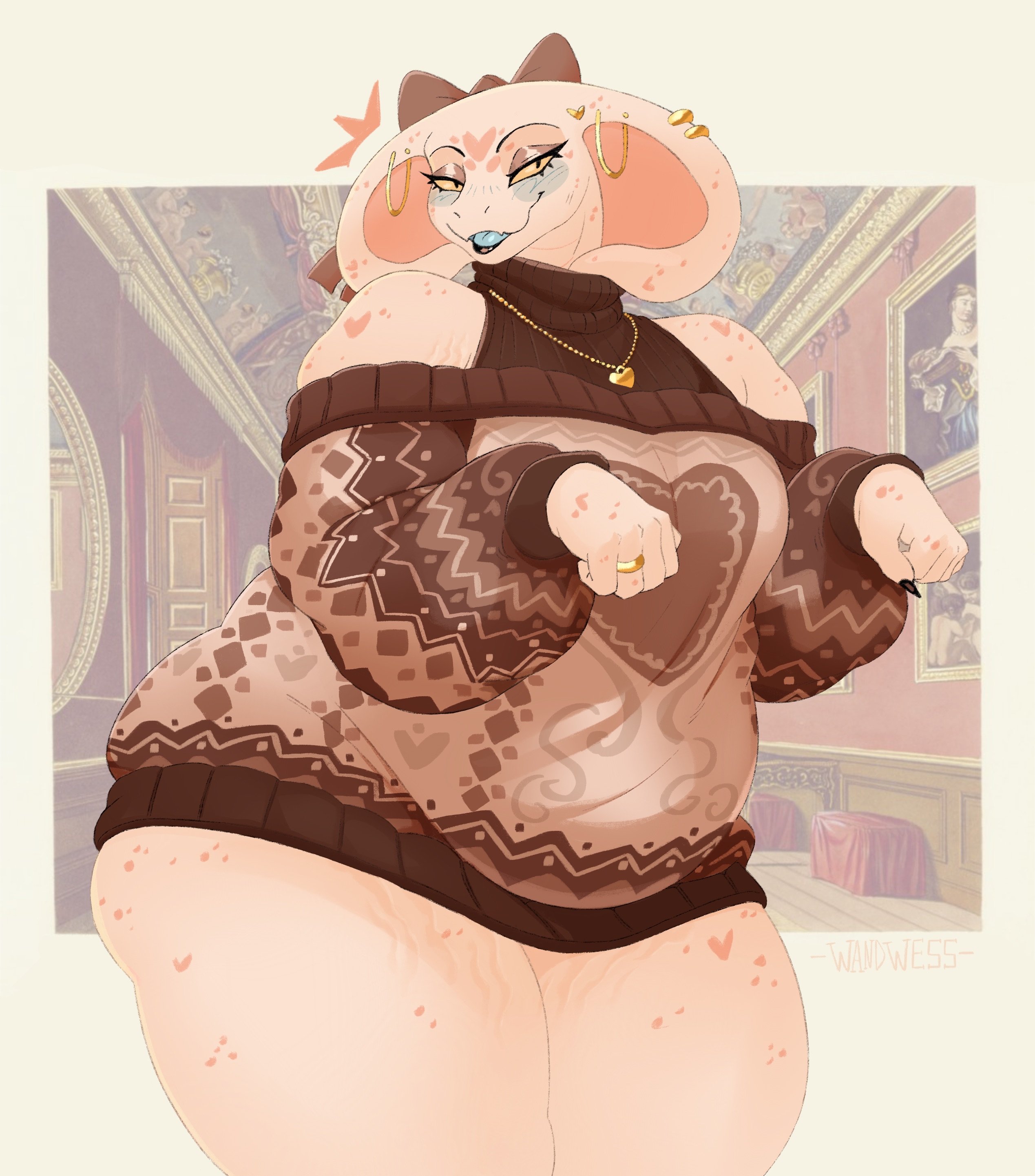 anthro, ass, balls, bodily fluids, cellulite, chubby femboy, clothed, clothing, cobra, crossdressing, femboy, freckled butt, freckled face, freckles, genitals, hi res, lingerie, makeup, male, marley (wandwess), overweight, overweight femboy, overweight male, panties, reptile, requesting, scales, scalie, sex request, snake, snake hood, solo, stretch marks, wandwess, white body, white scales