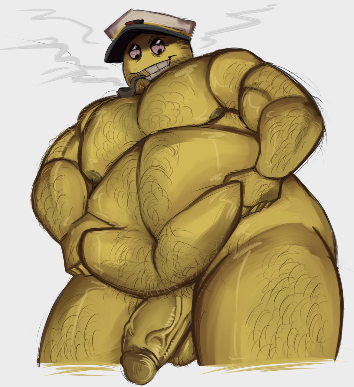 1boy, 2d, balls, belly, belly grab, big ass, big balls, big belly, big nipples, big penis, big thighs, body hair, captain sweeper, chubby, chubby male, circumcised, cock, digital media, fat, fat folds, fat male, golden tooth, grabbing belly, hairy, hairy chest, hairy legs, hairy male, hat, huge balls, huge cock, huge thighs, large ass, large penis, large thighs, male, male only, minesweeper, minesweeper plus, moobs, n3crodura, navel, nipples, obese, obese male, overweight, overweight male, penis, pubic hair, red eyes, simple background, smile, smoke, smoking, smoking pipe, solo, thick thighs, thighs, uncensored, veiny penis