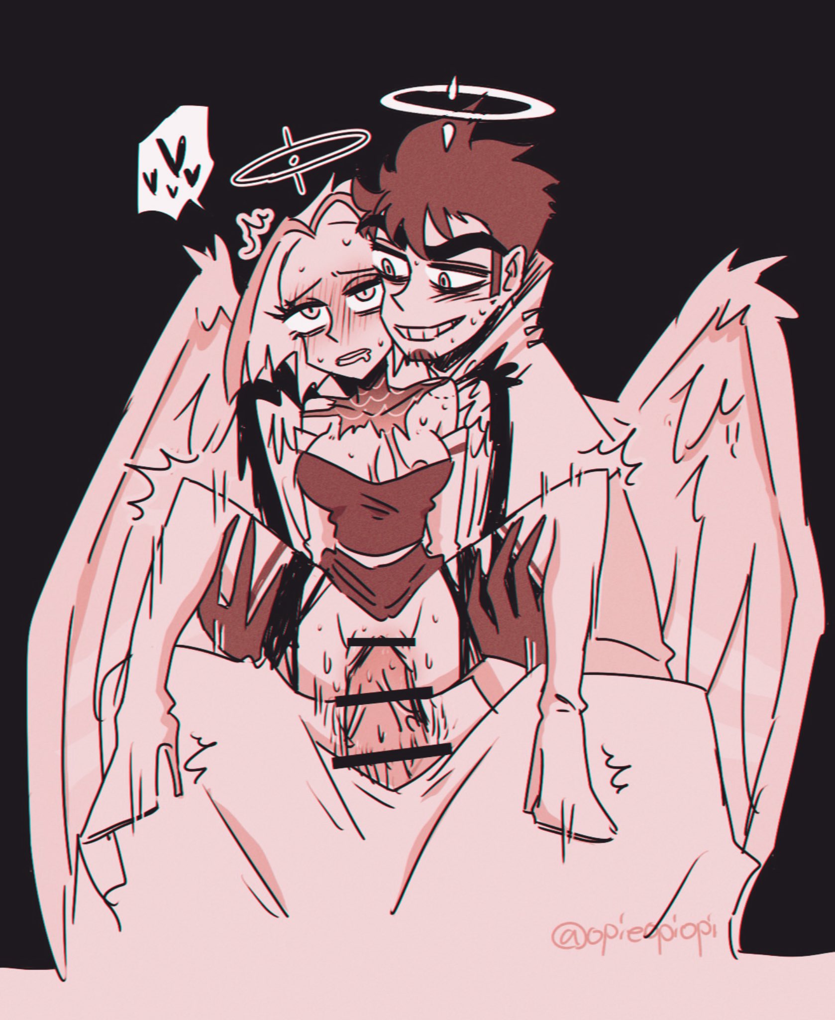 1boy1girl, adam (hazbin hotel), angel, angel wings, blush, breasts out, female on top, female penetrated, from behind, half-dressed, halo, hazbin hotel, heart, leg grab, legs apart, legs spread, lute (hazbin hotel), opieopiopi, penis in pussy, ripped clothing, short hair, size difference, wings