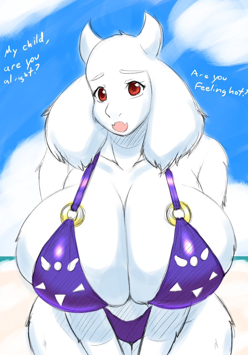 anthro bikini breasts bursting_breasts caprine cleavage ear female furry goat horn huge_breasts hyper looking_at_viewer mammal midriff milf navel open_mouth sh short_hair sky solo speeds sweatdrop swimsuit tagme toriel undertale