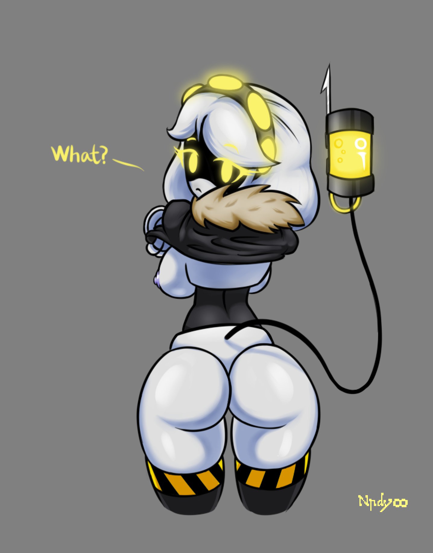 1girls, andydrew297149, artist name, artist signature, ass, ass focus, breasts, eyelashes, female, female only, glitch productions, looking at viewer, looking back, murder drones, nipples, robot, robot girl, silver hair, solo, solo female, taking clothes off, thick ass, thick thighs, thighs, undressing, v (murder drones), yellow eyes