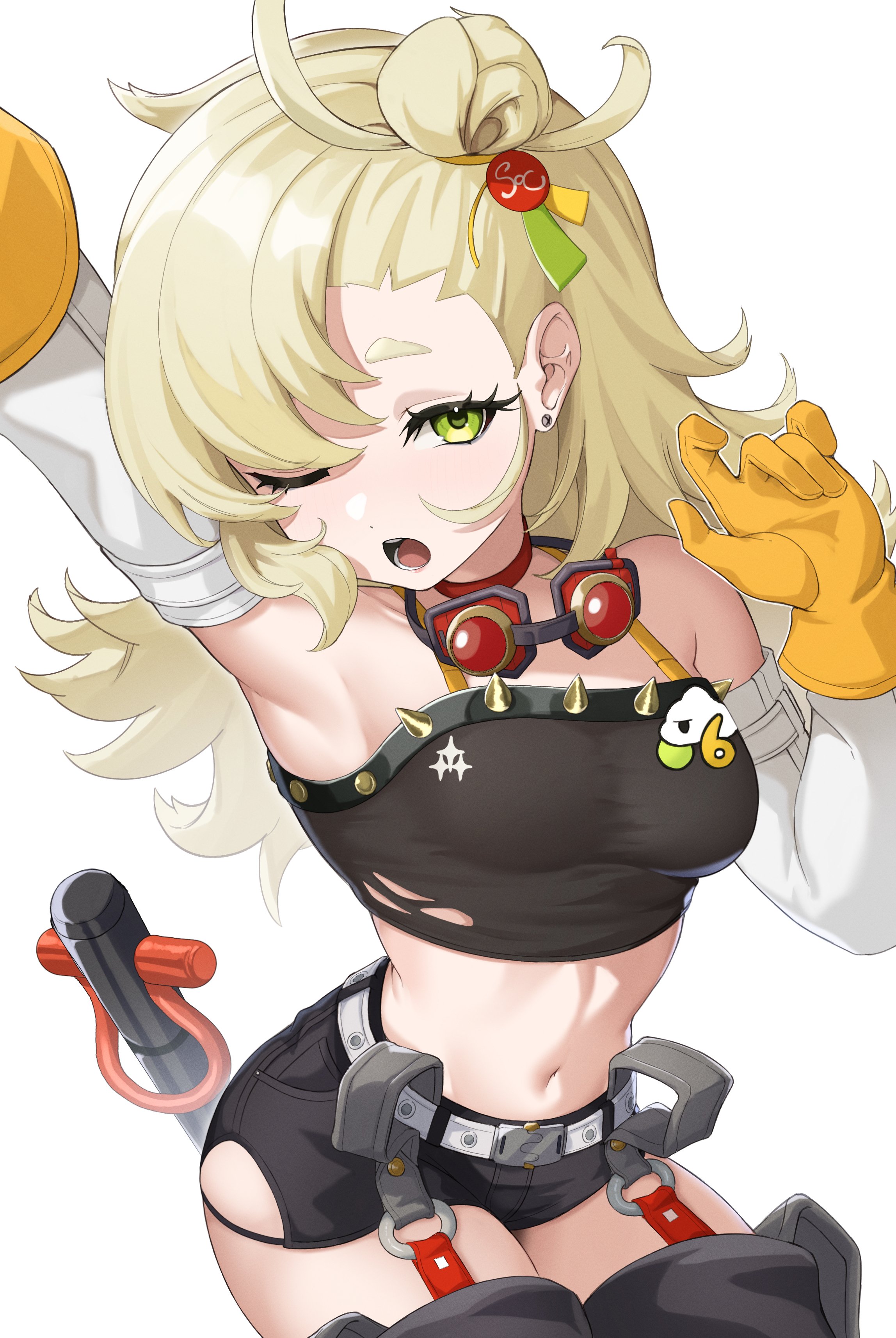absurdres, armpits, bare shoulders, black shorts, blonde hair, breasts, choker, commentary request, detached pants, detached sleeves, earrings, female, female only, gloves, goggles, goggles around neck, green eyes, hair bun, hair ornament, highres, jewelry, kirima (kirim ld 0617), kirima (user danf8787), long hair, looking at viewer, midriff, navel, one eye closed, open mouth, piper wheel, red choker, shorts, simple background, solo, white background, white sleeves, yellow gloves, zenless zone zero