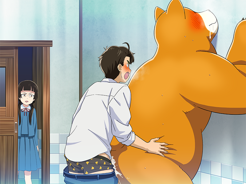 1boy 1girls 2016 anal anal_sex anthro bathroom bear blush blushing boxers_(clothing) caught cum cum_in_ass cum_inside cum_on_ass cum_on_body from_behind hands_on_hips human implied_anal jeans kuma_miko kumai_natsu male male_on_anthro male_underwear mammal natsu open_mouth overweight overweight_male underwear unknown_artist voyeur voyeurism white_shirt yaoi