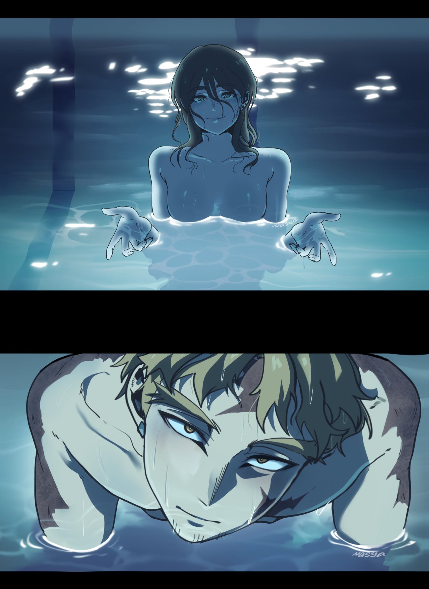 1boy, 1girls, aesthetic background, anime, beard, beard stubble, bearded, beckon, beckoning, black hair, blond male, blonde eyebrows, blonde hair, blonde male, blue background, blue water, breasts, breasts covered, calm, cheek scar, covered breasts, covered in water, covered nipples, dark hair, ear piercing, facial hair, facial stubble, female, female oc, forehead scar, gesturing at viewer, hawks (my hero academia), i'll teach you everything, i'll teach you everything (chainsaw man), in pool, in water, keigo takami, leaning, leaning forward, leaning towards viewer, love in eyes, loverboy, loving gaze, loving look, male/female, meme, meme reference, moonlight, my hero academia, naked, naked female, naked male, night, night scene, night time, nighttime, non sexual, non sexual nudity, nonsexual, nonsexual nudity, ns  ka, nude, nude female, nude male, oc, oc x canon, ocxcanon, original character, pool, reference, relaxing, reze in the pool (meme), romantic, romantic night, scar, scar on arm, scar on body, scar on cheek, scar on face, scar on forehead, scar on shoulder, scar on shoulders, scarred, scarred arm, scarred body, scarred face, scarred torso, scars, scars all over, scars on arm, scars on body, scars on face, scars on shoulders, serene, shading, shoulder scar, stubble, swimming naked, swimming pool, takami keigo, trend, water, water background, wet, wet body, wet hair, wet skin, wholesome, wholesome nudity, yellow eye, yellow eyes