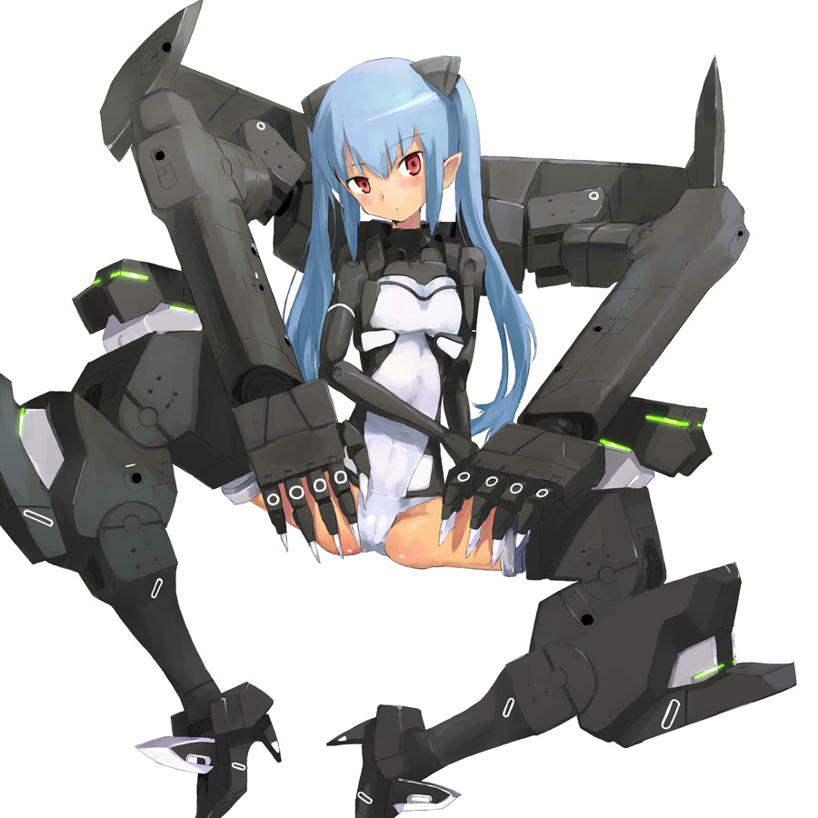 blue_hair blush bodysuit busou_shinki long_hair mecha mecha_musume pointy_ears red_eyes simple_background solo spread_legs strarf tied_hair twintails u_(the_unko)