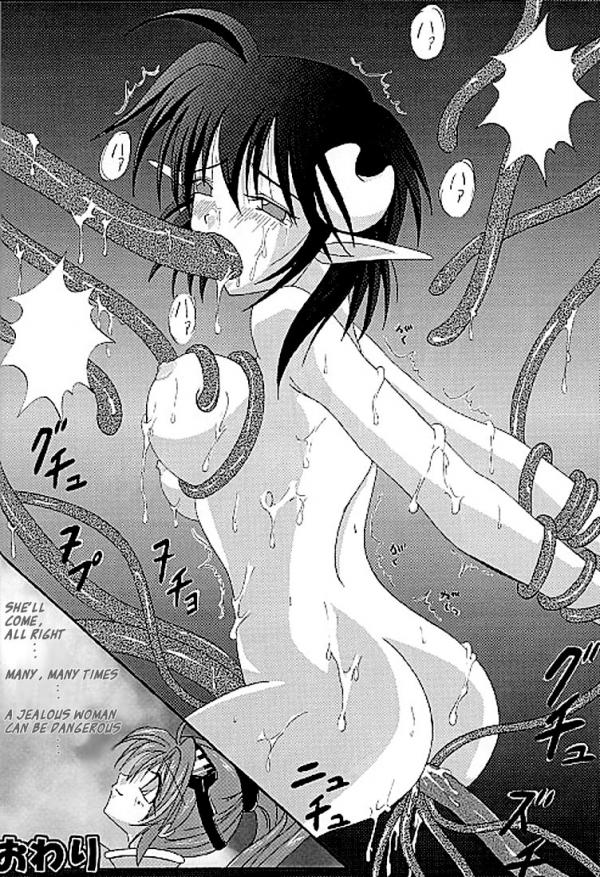 blush breasts cum cum_in_mouth cum_inside double_penetration female medium_breasts monochrome nipples oral penetration rape rena_lanford restrained short_hair star_ocean star_ocean:_the_second_story tears tentacle