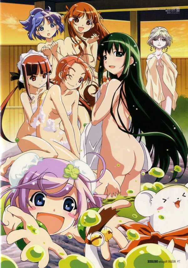 6+girls ahoge ai_(popotan) ass bell blue_eyes blue_hair blush bracelet brown_eyes brown_hair bun_cover censored convenient_censoring cute_fang double_bun ferret green_eyes green_hair grey_eyes hair_ornament jewelry konami_(popotan) long_hair mai_(popotan) mea_(popotan) megami mii_(popotan) multiple_girls nude onsen pink_eyes pink_hair ponytail popotan purple_hair robot_ears shizuku_(popotan) short_hair soap splash tied_hair towel twintails unagi very_long_hair watanabe_akio white_hair wink