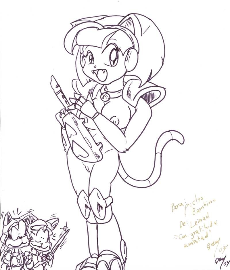 1girls 2007 anthro armor breasts domestic_cat feline female furry kemono leinad56 mammal monochrome nipples polly_esther pussy samurai_pizza_cats short_hair solo_focus tagme tail