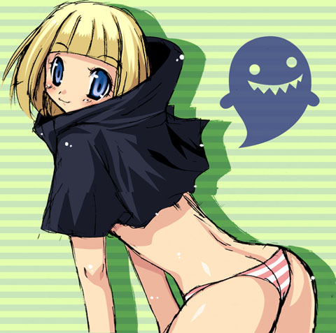 ass bleach blonde_hair blue_eyes blush butt_crack ghost hoodie leaning_forward looking_back lowres no_pants panties pink_panties ririn shadow smile solo standing striped striped_panties underwear