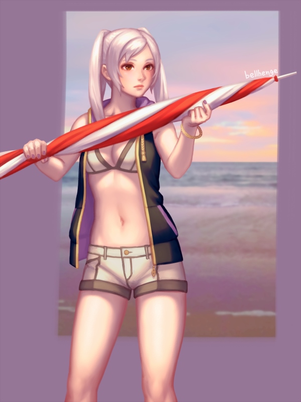 bangle bellhenge bikini bikini_top bracelet breasts brown_eyes cleavage closed_mouth female female_only fire_emblem fire_emblem_awakening medium_breasts navel nintendo outdoors robin_(fire_emblem) robin_(fire_emblem)_(female) short_shorts shorts sidelocks silver_hair solo umbrella white_hair