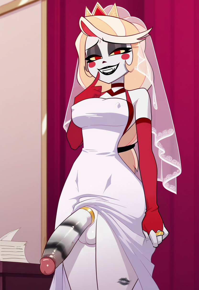 1futa ai_generated black_lipstick charlie_morningstar_(hazbin_hotel) cock_ring dirty_dan dress eyeshadow futanari hazbin_hotel lipstick lipstick_on_penis lipstick_ring penis_under_clothes penis_under_dress ring smug wedding wedding_cock_ring wedding_dress wedding_veil