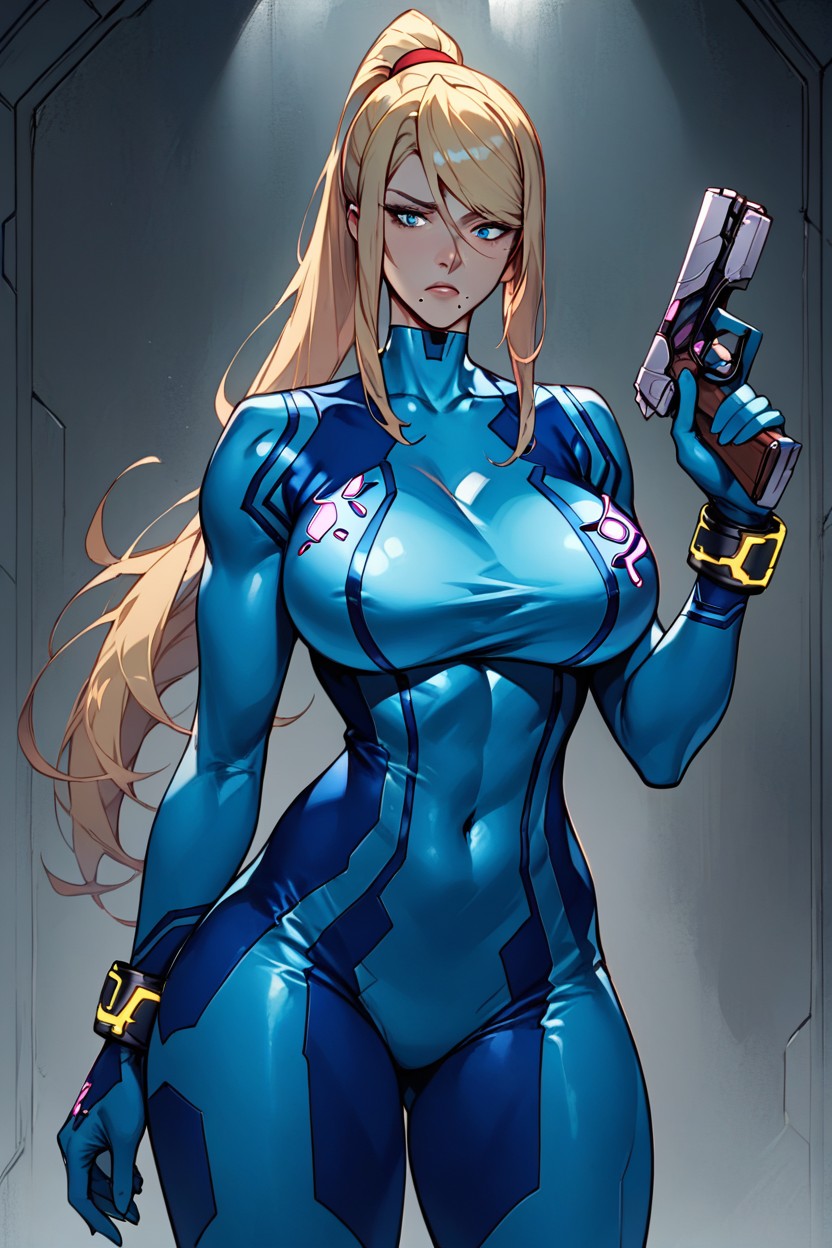 ai_generated big_ass big_breasts holding_gun lamprey3931 perfect_body samus_aran standing