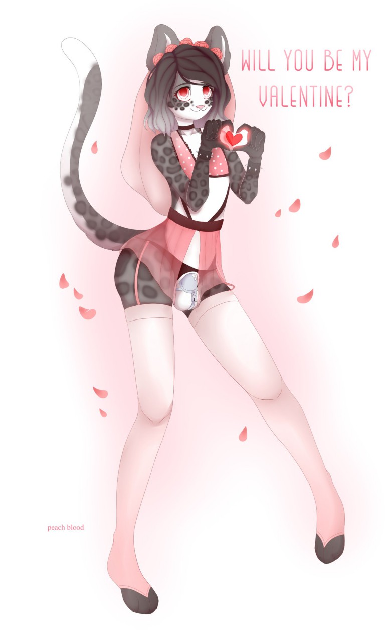 anthro balls chastity chastity_cage clothed clothing crossdressing english_text feline femboy fur furry girly heart looking_at_viewer male male_only mammal peach_blood precum ren_(fellybelly) signature smile solo text