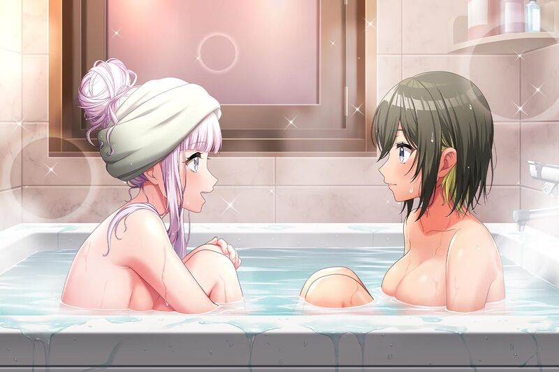 2girls akashi_maho bathing bathtub card d4dj dark_green_hair izumo_saki naked_female nude official_art steam white_hair