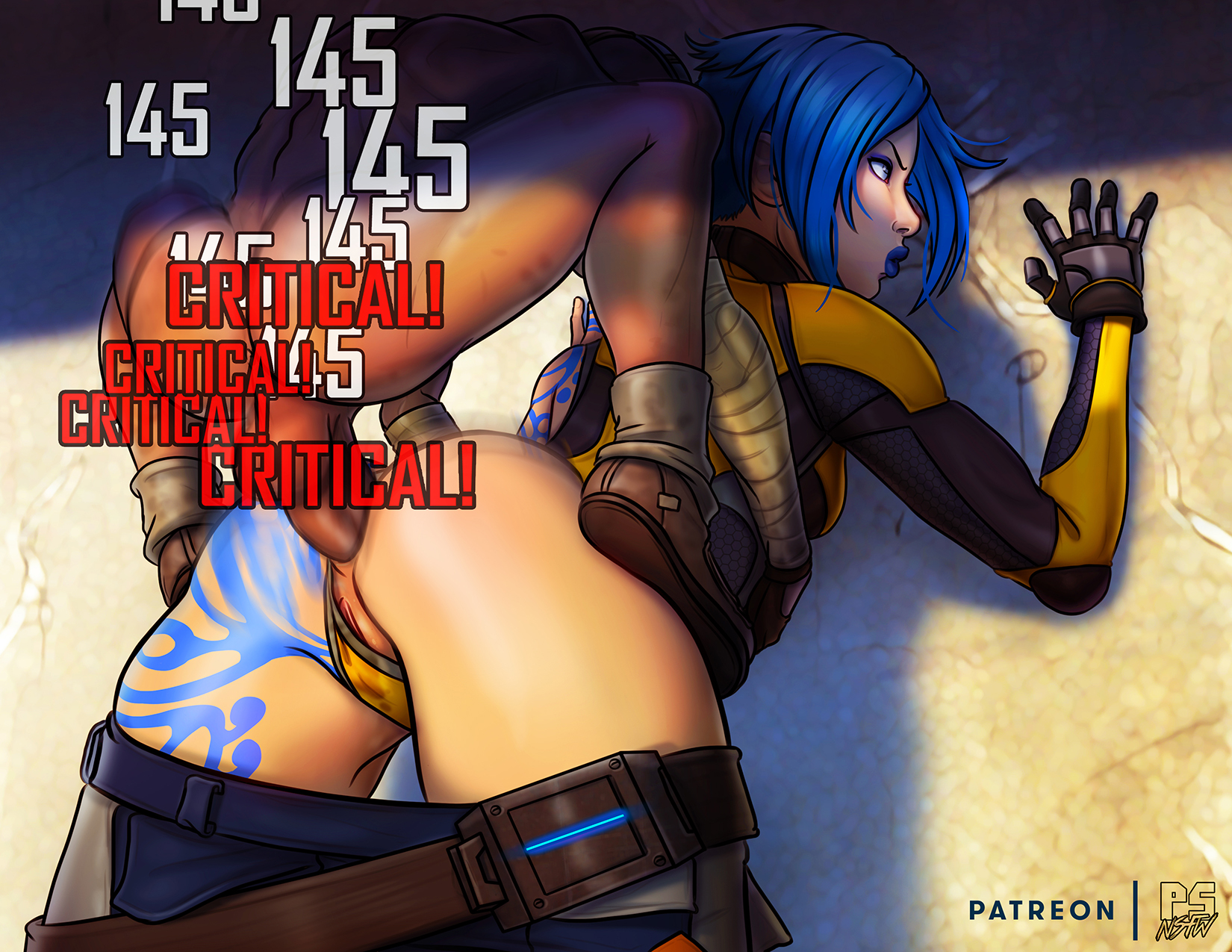 1boy, 2d, against wall, anal, anal sex, anus, ass, backsack, balls, ballsack, blue hair, blue lipstick, bob cut, body markings, borderlands, borderlands 2, breasts, clothing, dead source, english text, erection, female, from behind, gameplay mechanics, larger female, male, maya (borderlands), motion blur, mounting, pants down, penetration, penis, perching position, psycho (borderlands), pumpkinsinclair, pussy, pussy juice, rape, score, sex, siren (borderlands), siren markings, size difference, straight, tattoo, text, unseen male face