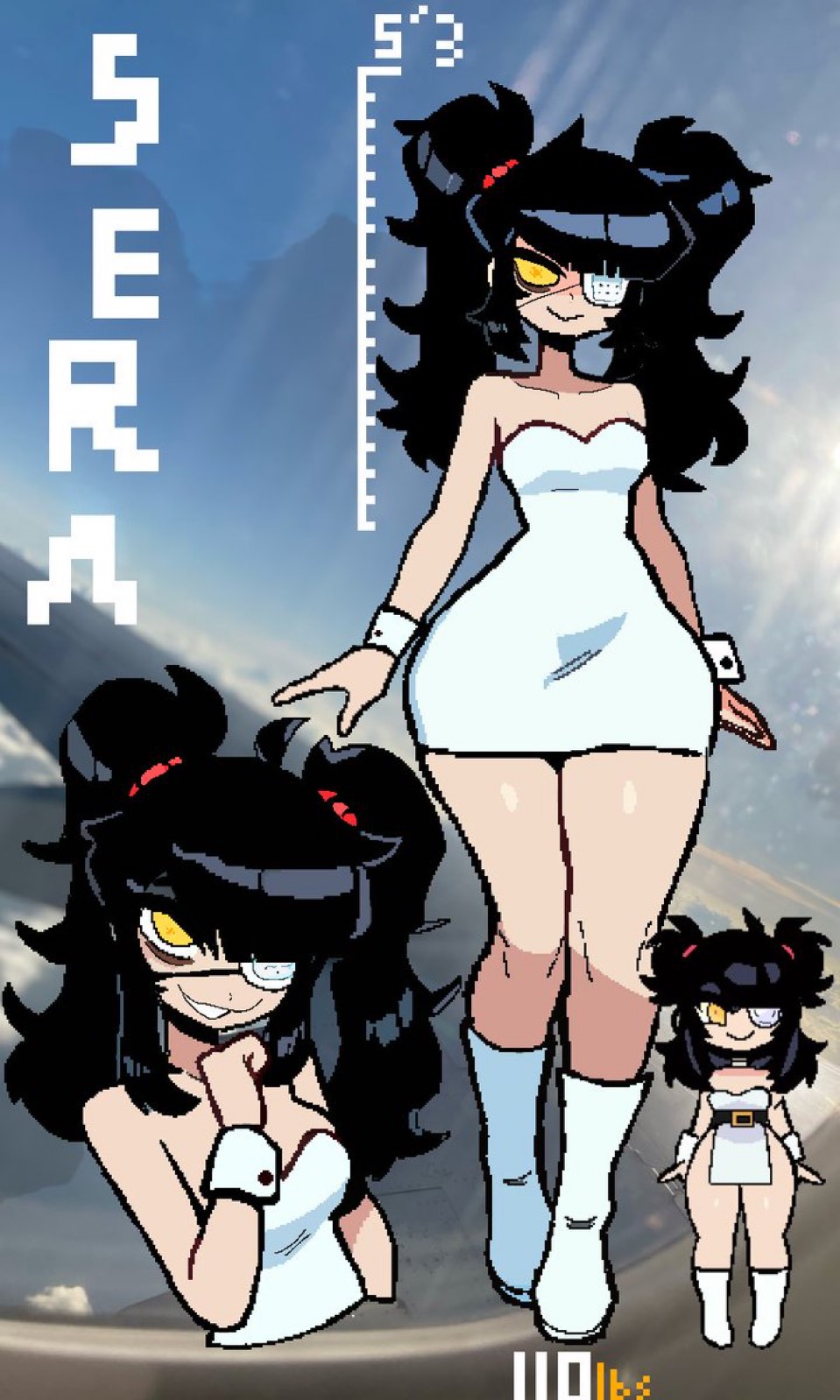 1girls black_hair dress eyepatch monam oc original original_character ponytails reference small_breasts tagme thick_thighs white_boots white_dress wide_hips yellow_eye