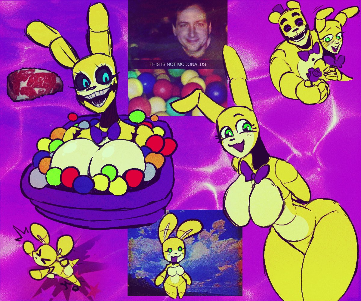 1boy 1girls ball_pit big_breasts blood blush bowtie breasts chibi creepy creepy_smile female female_focus five_nights_at_freddy's flower fredbear_(fnaf) horror huge_breasts into_the_pit large_breasts looking_at_viewer massive_breasts rule_63 spring_bonnie spring_bonnie_(fnaf) stormkinght