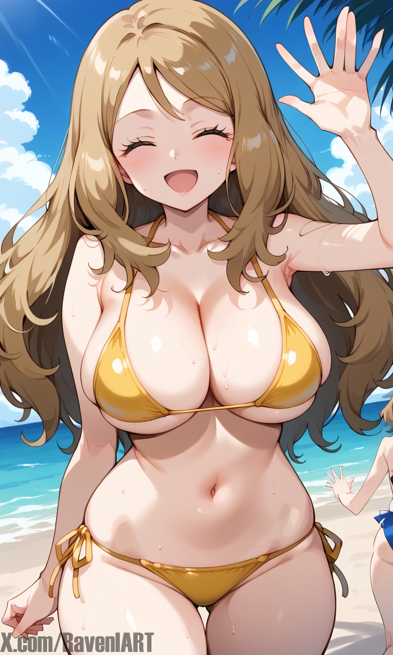 ai_generated beach big_breasts bikini blonde_hair blue_eyes gold_bikini large_breasts long_hair pokemon serena_(pokemon) small_bikini waving_at_viewer white_skin yellow_bikini