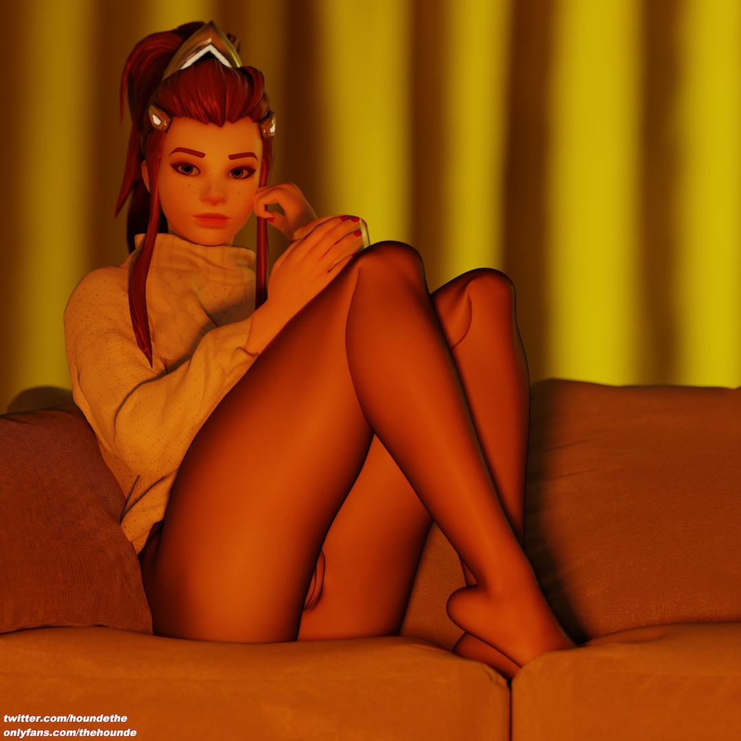 3d, auburn hair, brigitte, eyeshadow, feet, female, female focus, female only, fit, fit female, freckles, freckles on face, headwear, holding cup, legs, legwear, light skin, light-skinned female, looking at viewer, makeup, overwatch, pantyhose, ponytail, pussy, pussy peek, sitting, sitting on couch, sweater, tagme, thehounde, thighs