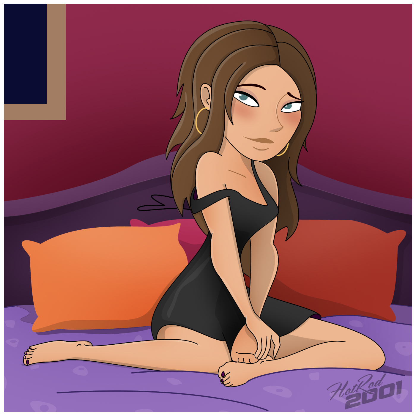 1girls, barefoot, bimbo, black dress, blush, bonnie rockwaller, dark skin, dark-skinned female, disney, female, hoop earrings, hotrod2001, kim possible, kneeling, lingerie, off shoulder, redbone, solo