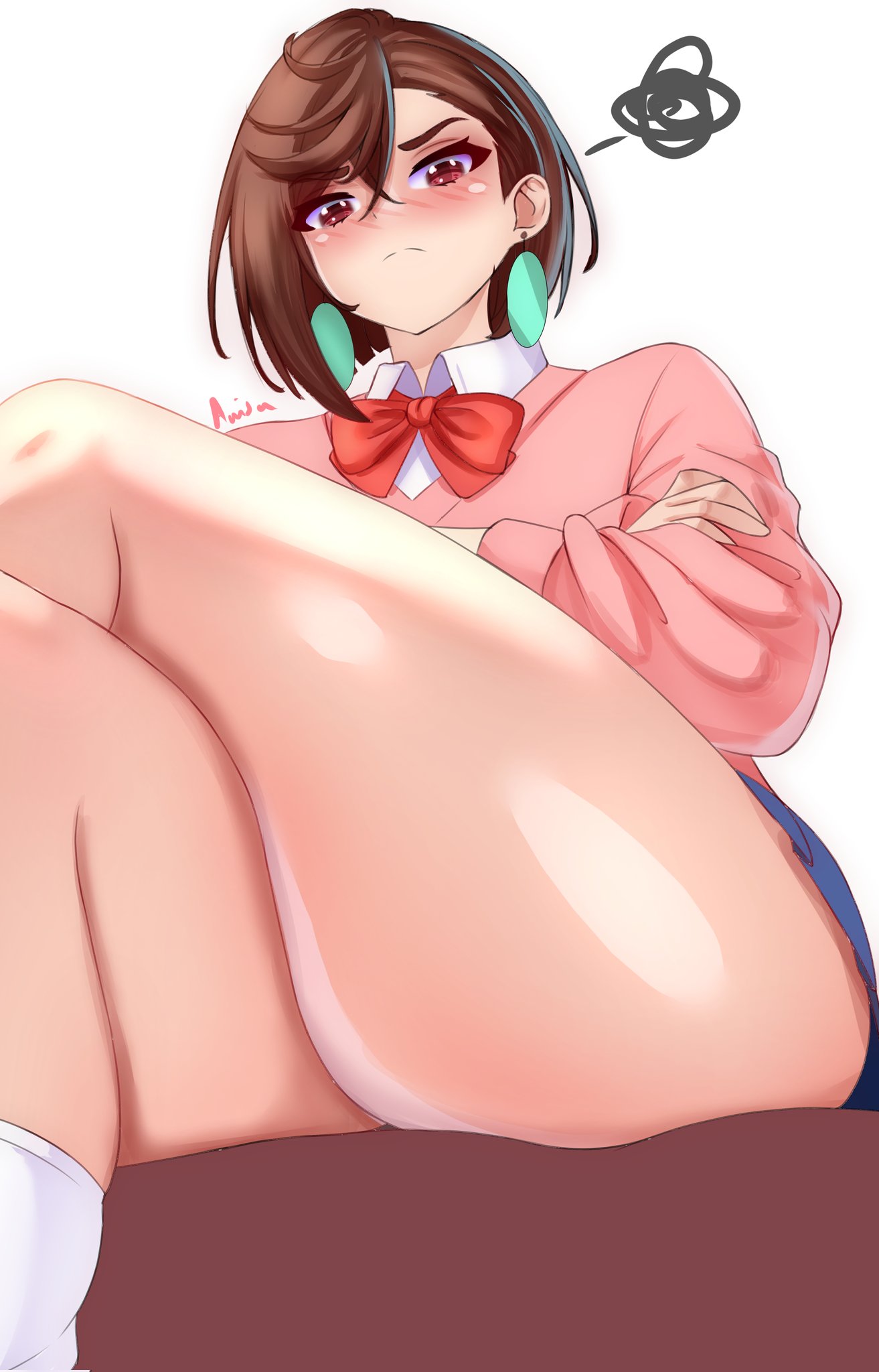 anisdrawn ayase_momo below_view blush brown_eyes brown_hair commentary crossed_arms crossed_legs cute_face cute_girl dandadan earrings english_commentary female femdom from_below furrowed_brow furrowed_eyebrows highres jewelry looking_at_viewer looking_down looking_down_at_viewer looking_up_pov low-angle_view nose_blush pink_sweater short_hair sitting solo squiggle stern_expression sweater thick_thighs thigh_focus thighs viewed_from_below