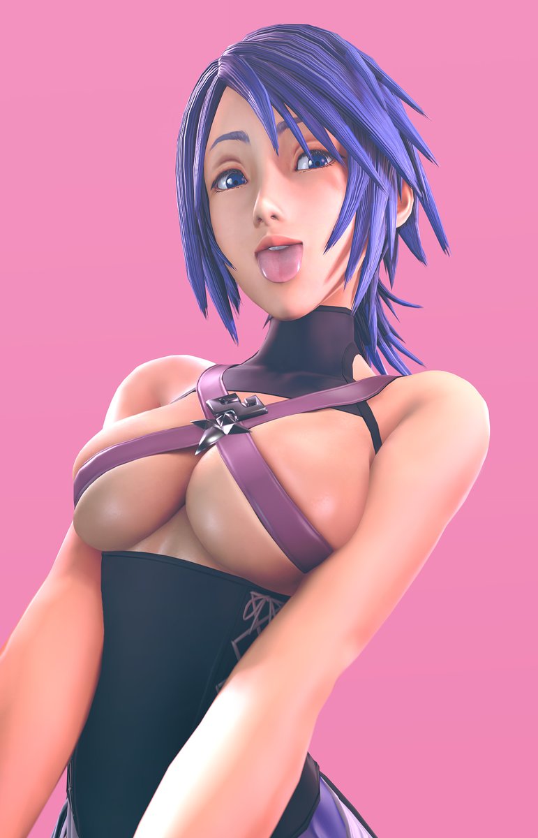 1girls, 3d, aqua (kingdom hearts), bare shoulders, batesz, blue eyes, blue hair, blue-haired female, breasts, cleavage, clothed, disney, eye contact, female, kingdom hearts, looking at viewer, pink background, revealing clothes, short hair, sideboob, solo, source filmmaker, square enix, tongue, tongue out, underboob