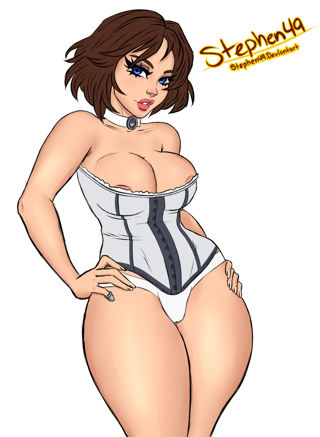 2d areola_slip big_breasts bioshock bioshock_infinite blue_eyes breasts brown_hair busty choker cleavage corset elizabeth_comstock eyelashes female female_focus female_only hourglass_figure lipstick panties pinup pinup_pose short_hair standing stephen49 tagme wide_hips