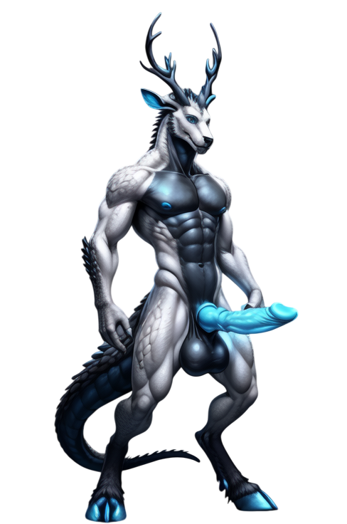 athletic big_balls big_penis black_antlers black_chest blue_eyes blue_hooves blue_nipples blue_penis canine_penis digitigrade durak1251 erection frir knotted_penis long_antlers male monster scales solo transparent_background white_skin