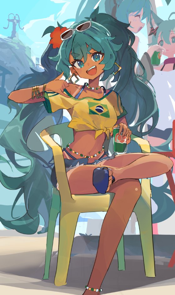 brazilian brazilian_miku can chair glasses_on_head hatsune_miku holding holding_can k3nzoteruta multiple_girls navel sandals sitting tan_skin tanned unfinished vocaloid