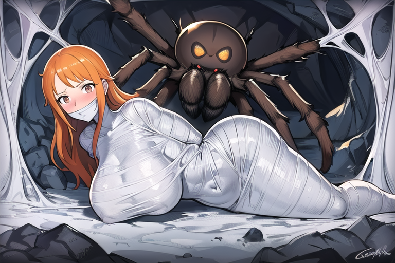 ?_(artist) ai_generated animal insects long_hair mummified nami_(one_piece) one_female one_piece orange_hair spider spiderweb