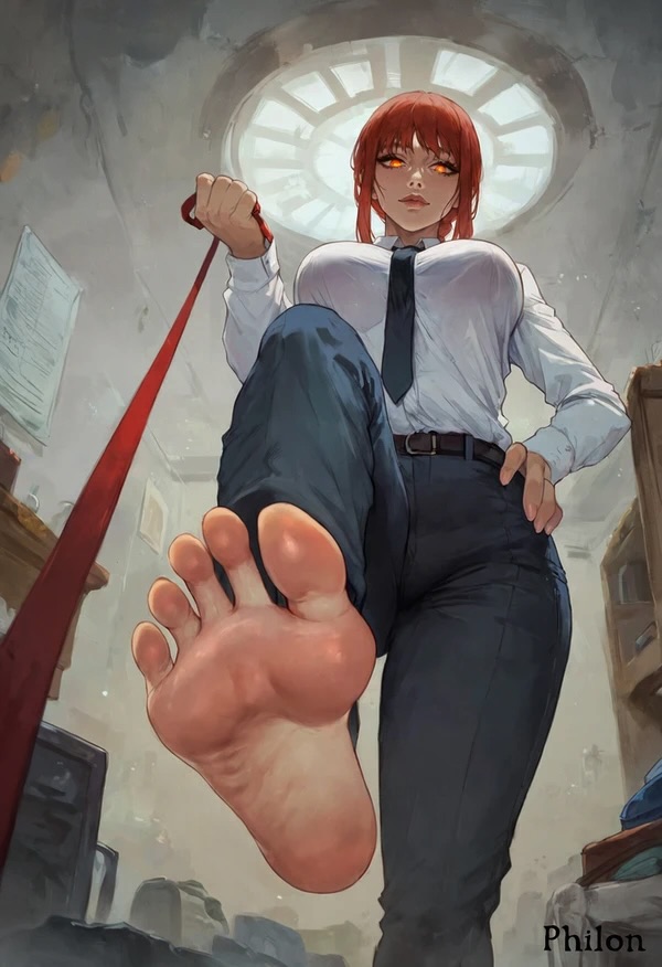 1girls ai_generated best_girl big_breasts chainsaw_man dominant_female dommy_mommy feet female_focus femdom foot_fetish foot_focus foot_lick foot_play foot_worship from_below glowing_eyes goddess good_boy hourglass_figure leash leash_and_collar leash_pull leashed leashed_collar leashed_pov looking_down_at_viewer low-angle_view makima_(chainsaw_man) petplay philon pink_soles red_hair shounen_jump slim_waist smile smiling smiling_at_viewer sole_female soles stepped_on sweaty_feet thick_thighs viewer_on_leash worship