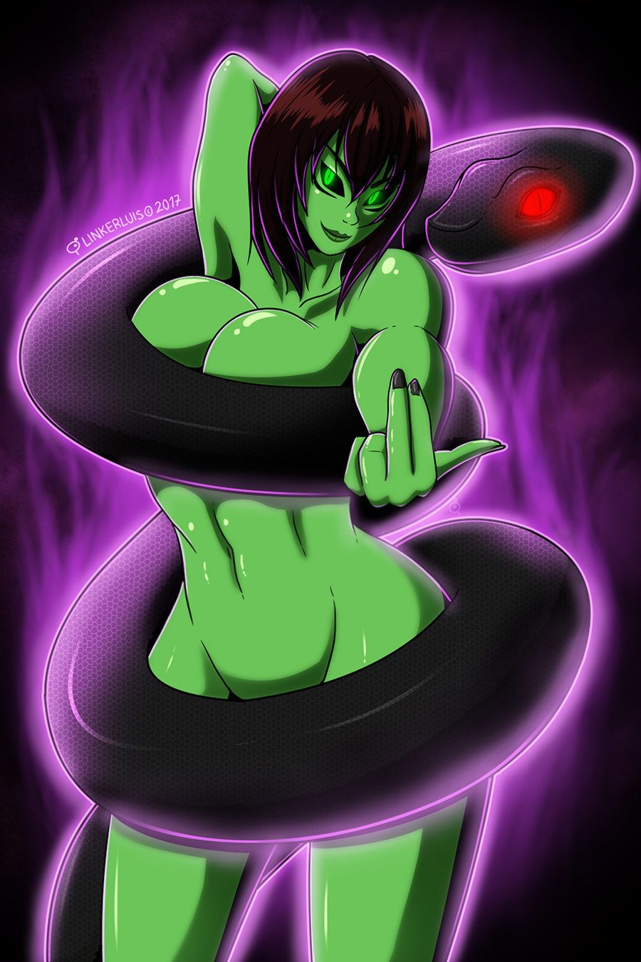 black_hair breasts cleavage green_eyes green_skin large_breasts lindella linkerlewds long_hair monster_girl neo_knights nude snake snake_girl