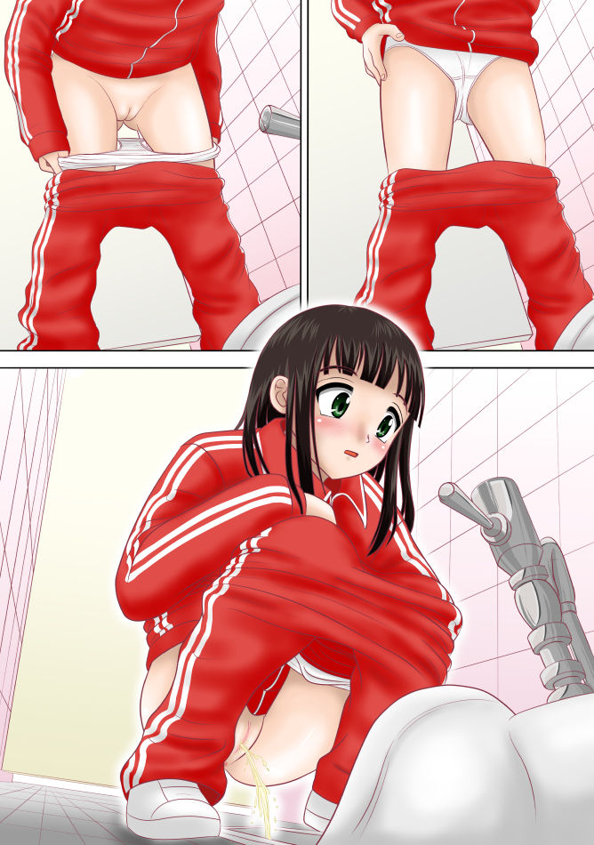 black_hair blush female green_eyes gym_uniform innie_pussy long_hair long_sleeves mumei_(artist) open_mouth panties panty_pull peeing pussy red_pants red_shirt shin_nanka_tou shoes source_request squat_toilet squatting toilet white_panties white_shoes