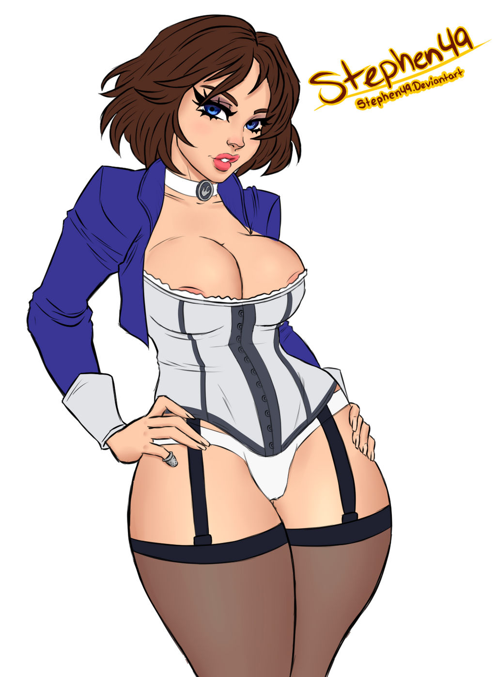 2d areola_slip big_breasts bioshock bioshock_infinite blue_eyes bolero breasts brown_hair busty choker cleavage corset elizabeth_comstock eyelashes female female_focus female_only garter_straps hourglass_figure legwear lipstick nylons panties pinup pinup_pose short_hair standing stephen49 stockings tagme wide_hips