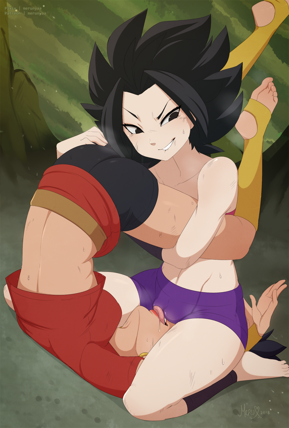 2girls, areolae, bike shorts, black eyes, black hair, breasts, caulifla, clothed, cunnilingus, cunnilingus through clothes, dragon ball, dragon ball super, facesitting, female, female only, kale, light skin, light-skinned female, long hair, merunyaa, multiple females, multiple girls, nipples, oral, saiyan, shorts, shounen jump, sitting, sitting on person, spats, spiky hair, stirrup legwear, sweat, tan-skinned female, tournament of power, universe 6, yuri